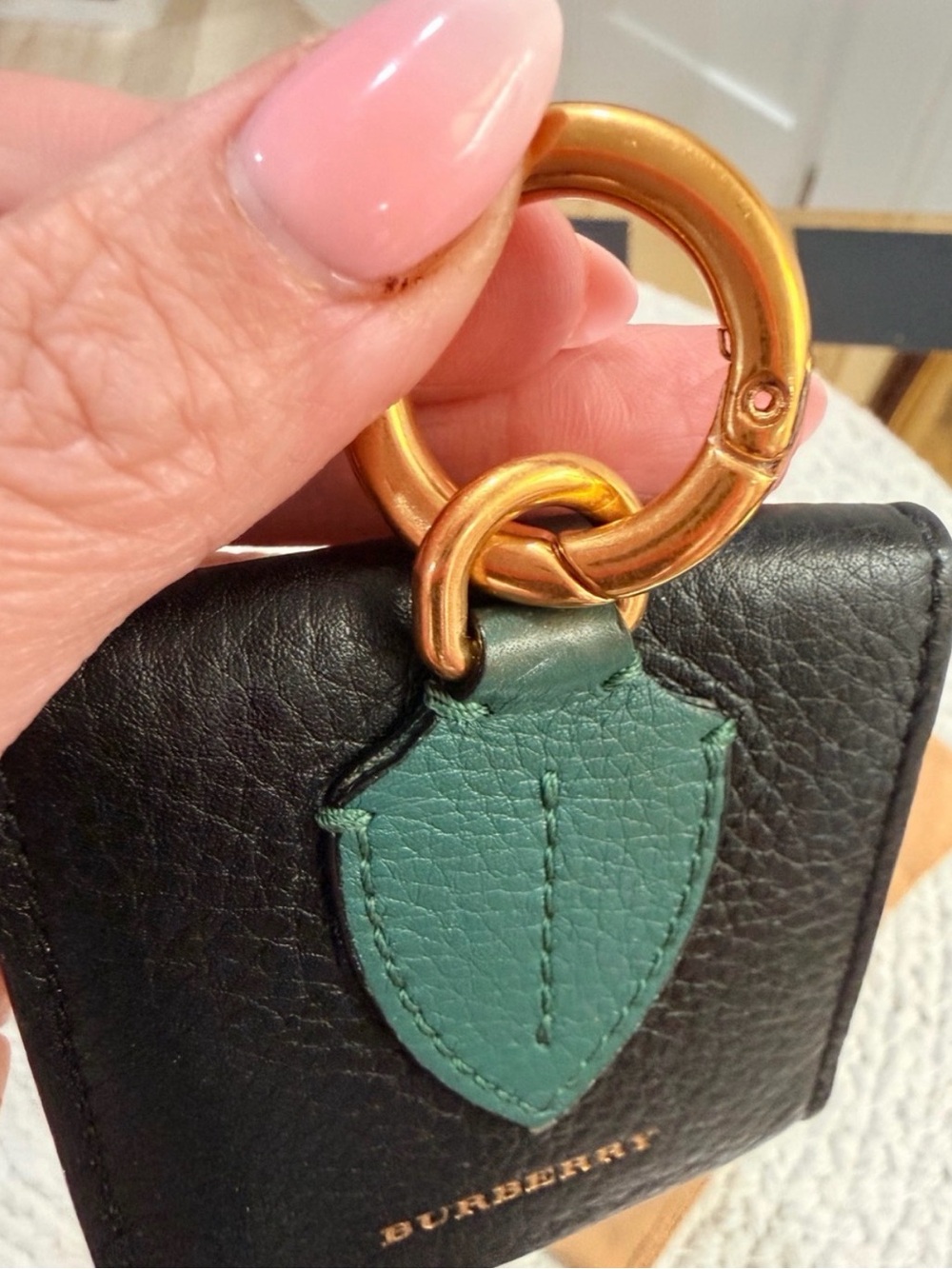Burberry Black/Green Square Leather key chain coin case charm wallet + Full Incl - Picture 6 of 10